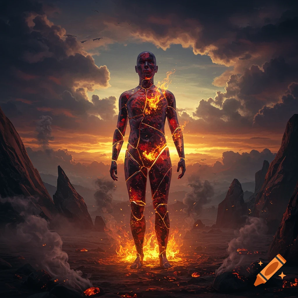 A dramatic, full-body figure of glowing cracked lava and fire stands in a volcanic landscape under a fiery sunset sky.