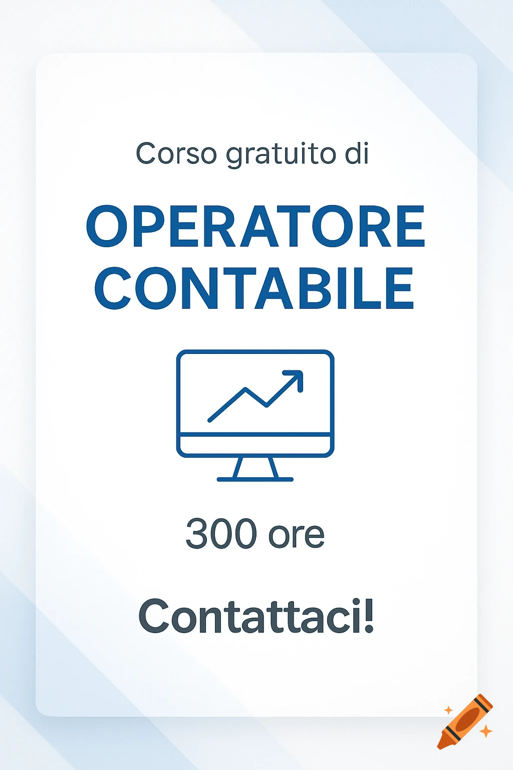 White promotional card for a free accounting course with blue text and a computer icon showing an upward graph.