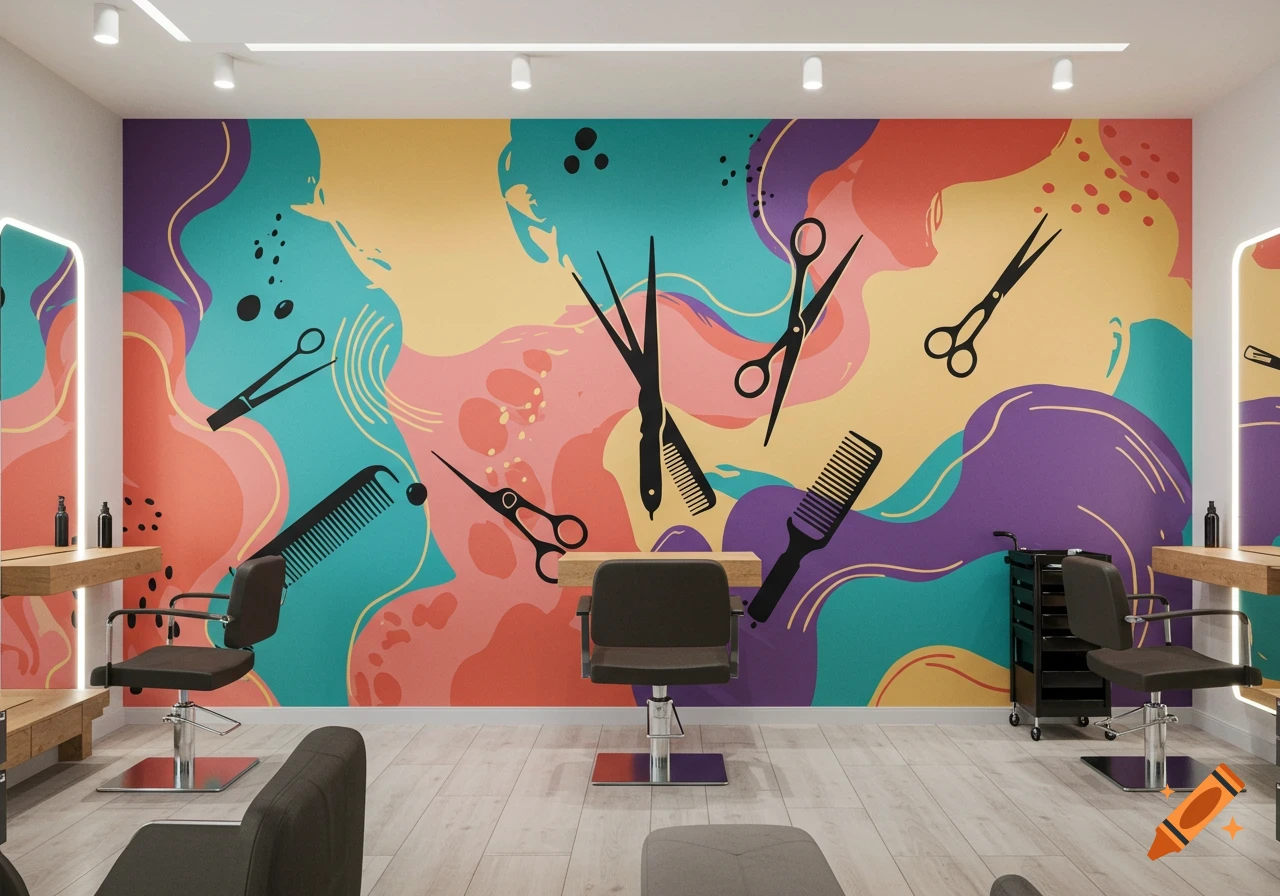 Modern salon interior with a vibrant, abstract mural depicting hairdressing tools and light wooden styling stations.