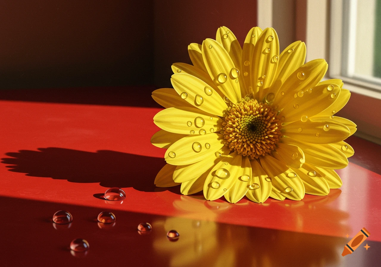 A vibrant yellow flower with glistening water droplets rests on a bright red table, illuminated by sunlight.