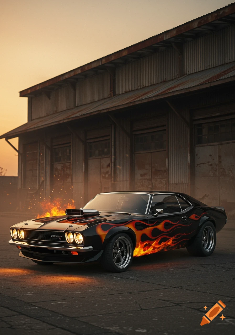 A black muscle car with orange flames painted on its side, parked in front of a rustic warehouse at sunset.