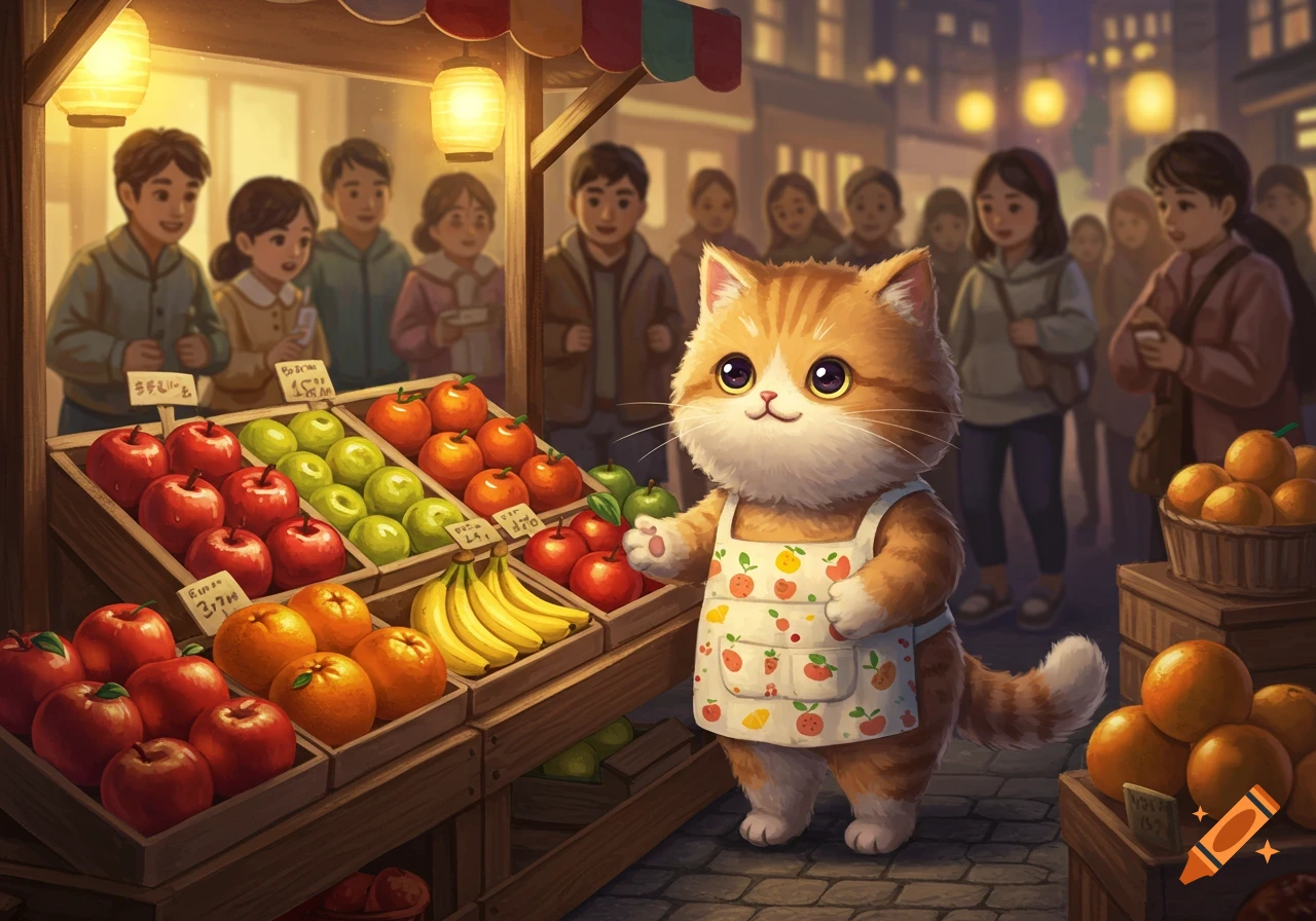A fluffy, orange and white cartoon cat in an apron sells fruit from a street stall, with people blurred in the background, in a vibrant, semi-realistic style.