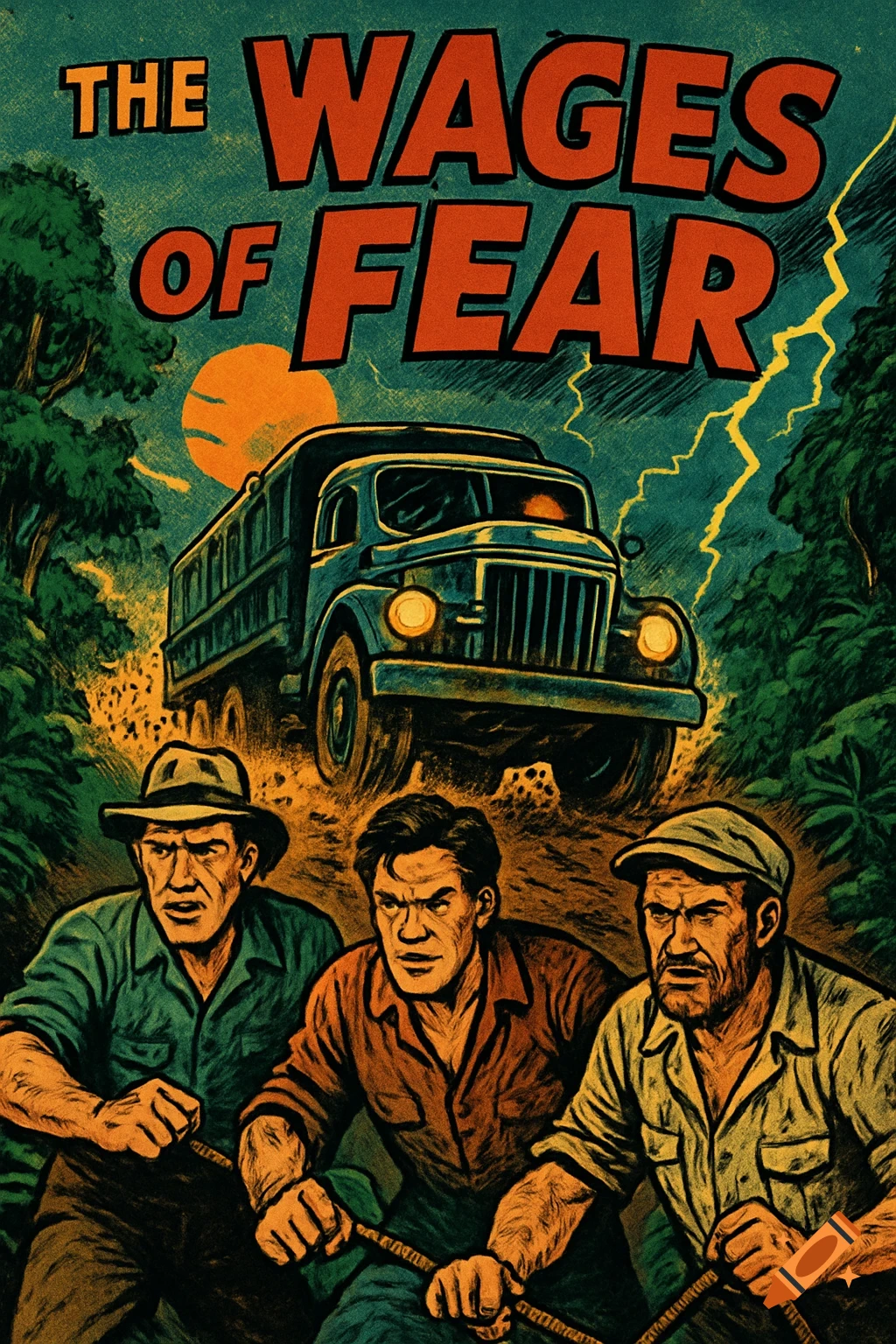 A vintage comic book cover for 'The Wages of Fear,' featuring three grim men in the foreground with a large truck and stormy jungle behind them.