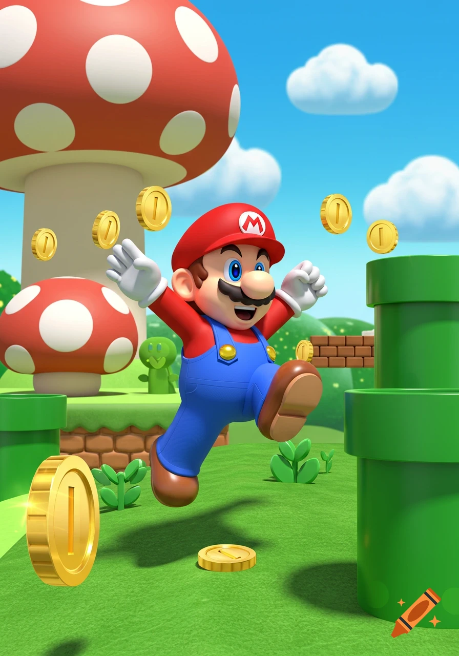 A cartoon Mario jumps among gold coins and mushrooms in a vibrant, grassy landscape under a blue sky.