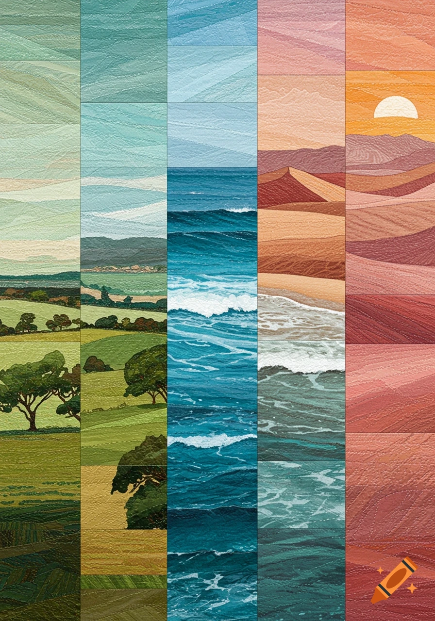 A stylized quilt-like triptych showing green landscapes, blue ocean waves, and orange desert dunes with a sunset.