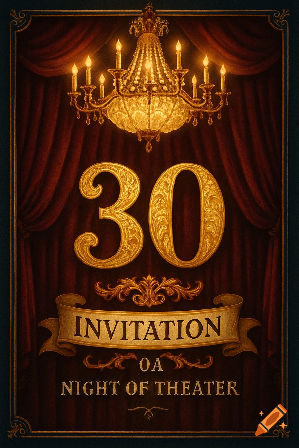 A vintage-style theater invitation poster with a chandelier, red velvet curtains, and golden ornate text reading "30 INVITATION OA NIGHT OF THEATER".