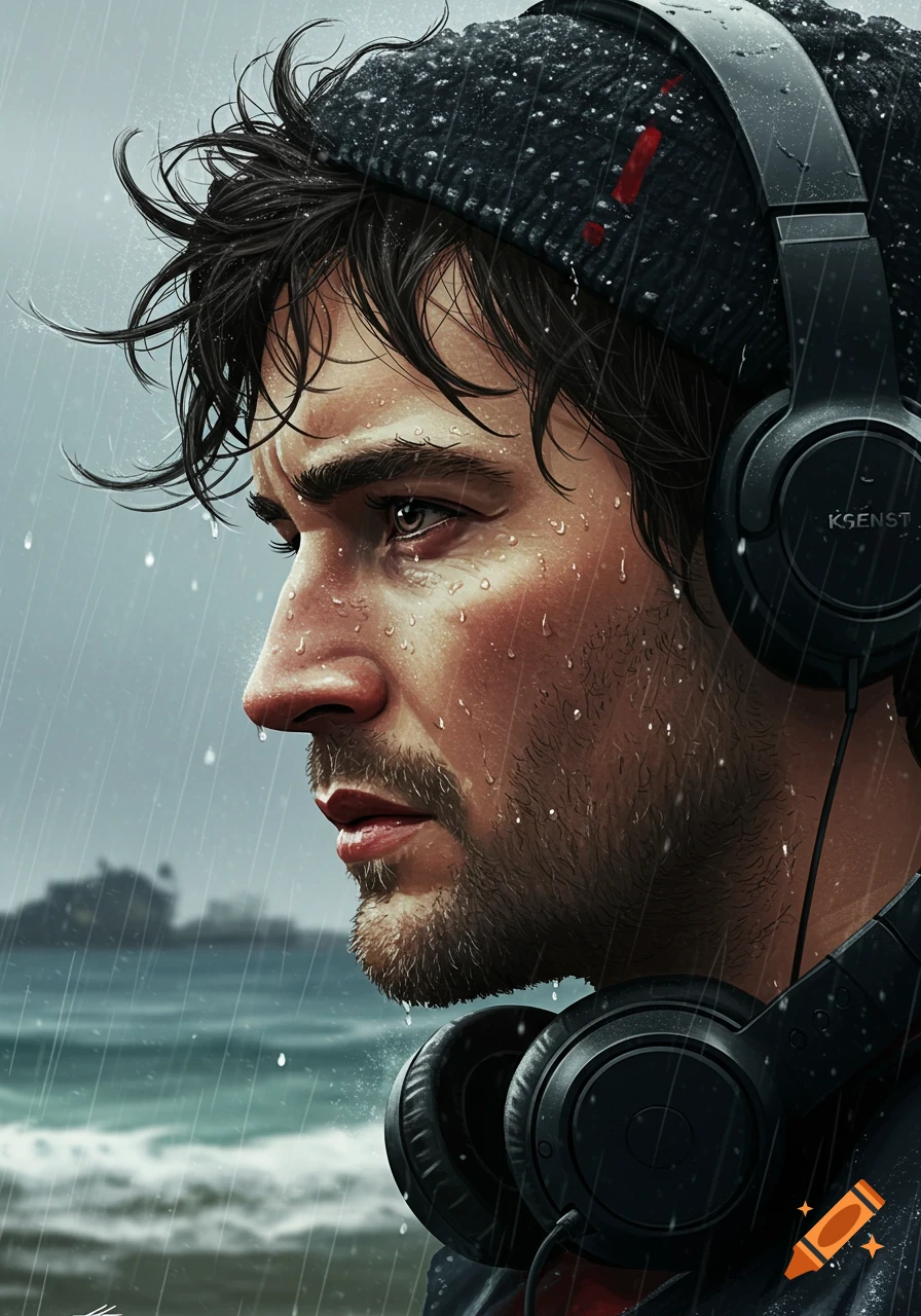Close-up side profile of a melancholic man with headphones and a beanie in the rain, looking into the distance. Photorealistic style.
