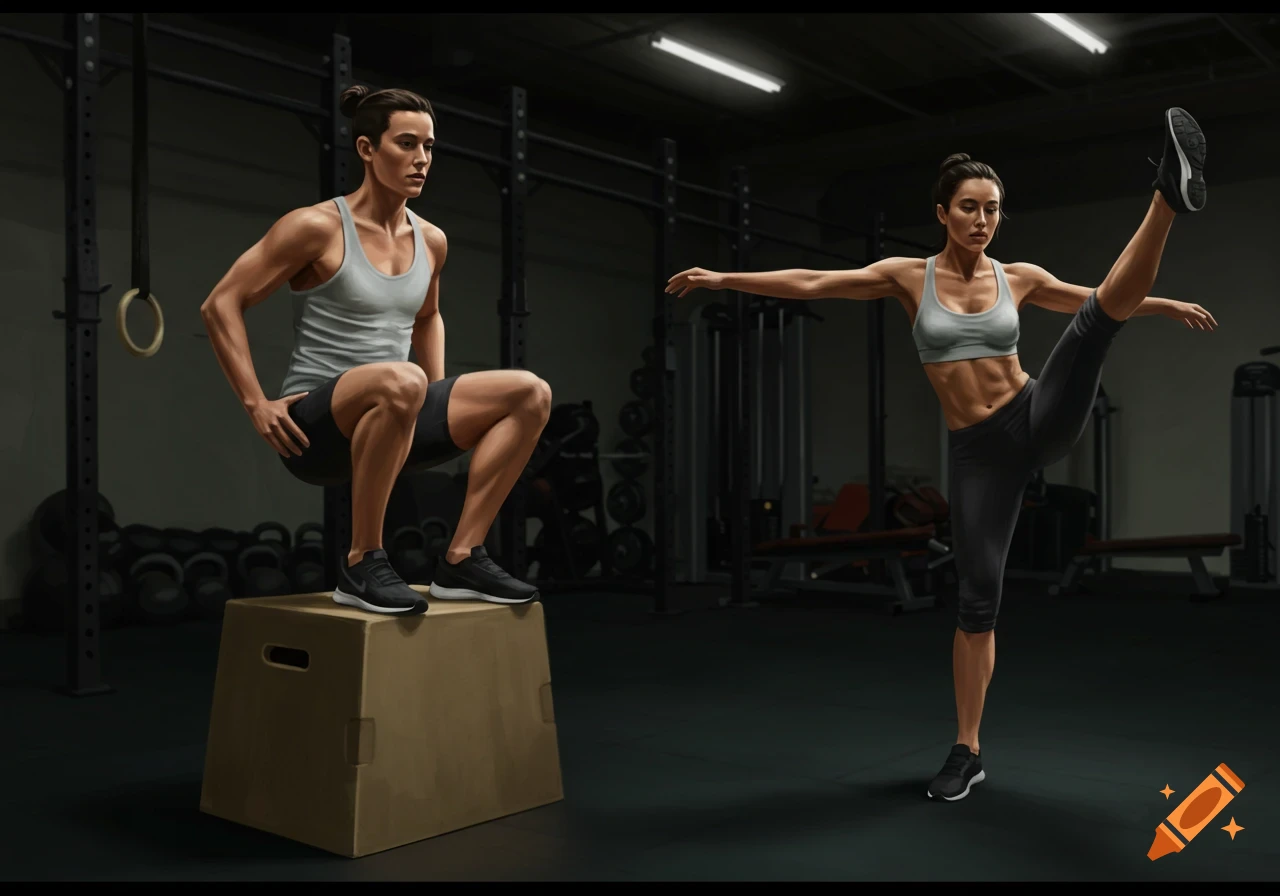 Two fit people in a gym, one squatting on a box and another doing a leg stretch, in a photorealistic style.