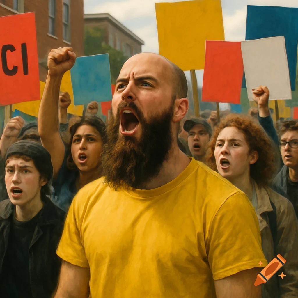 A bald, bearded man in a yellow shirt shouts at a protest, surrounded by a diverse crowd of people holding signs with fists raised.