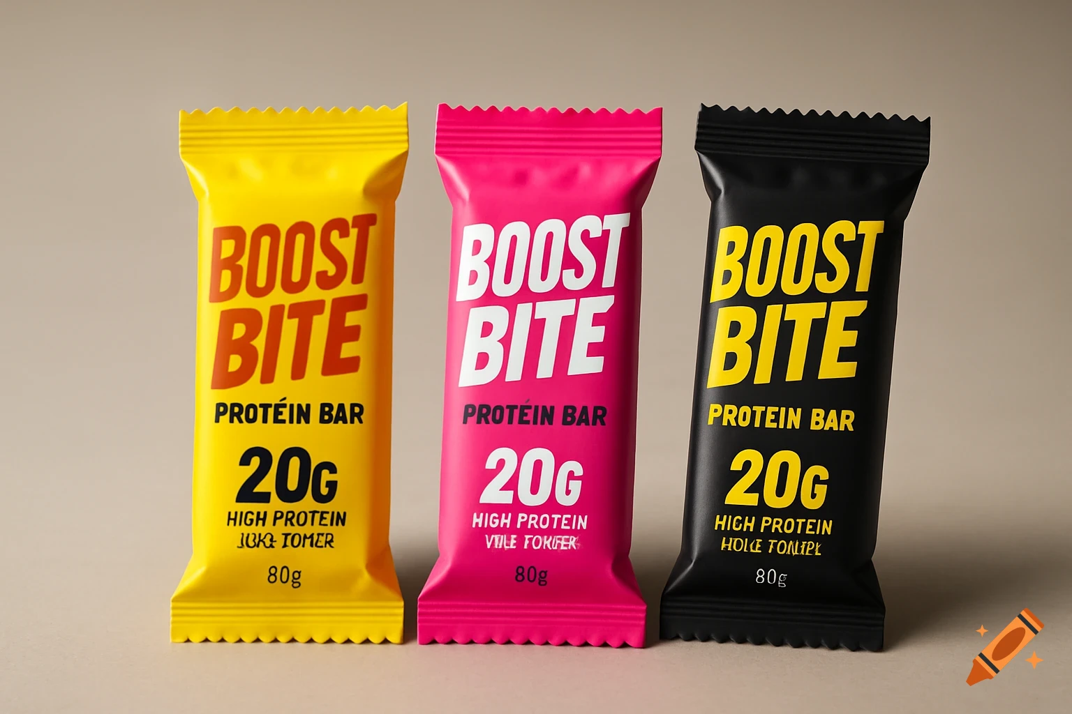 Three protein bars in yellow, pink, and black packaging with "Boost Bite" branding, displaying "20G HIGH PROTEIN" and "80g" text.