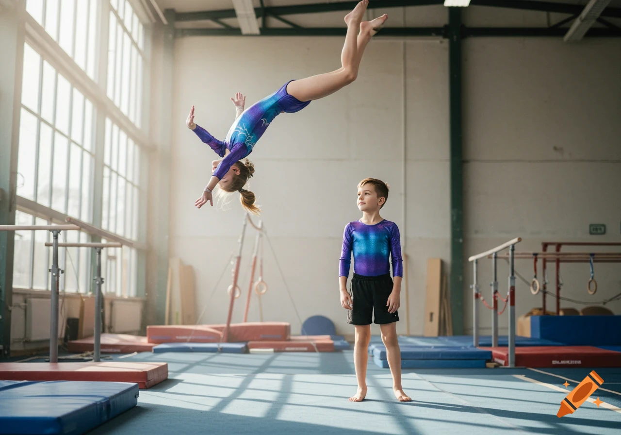 A girl in a purple leotard performs a backflip as a boy in a matching leotard watches in a brightly lit gymnastics gym.