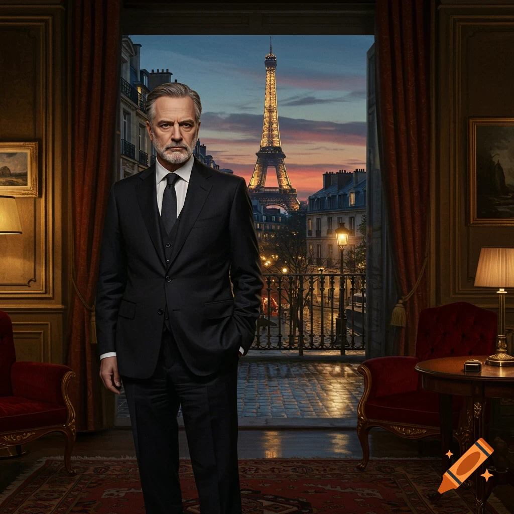 A serious man in a dark suit stands in an elegant Parisian room, with the Eiffel Tower visible through a window at dusk.