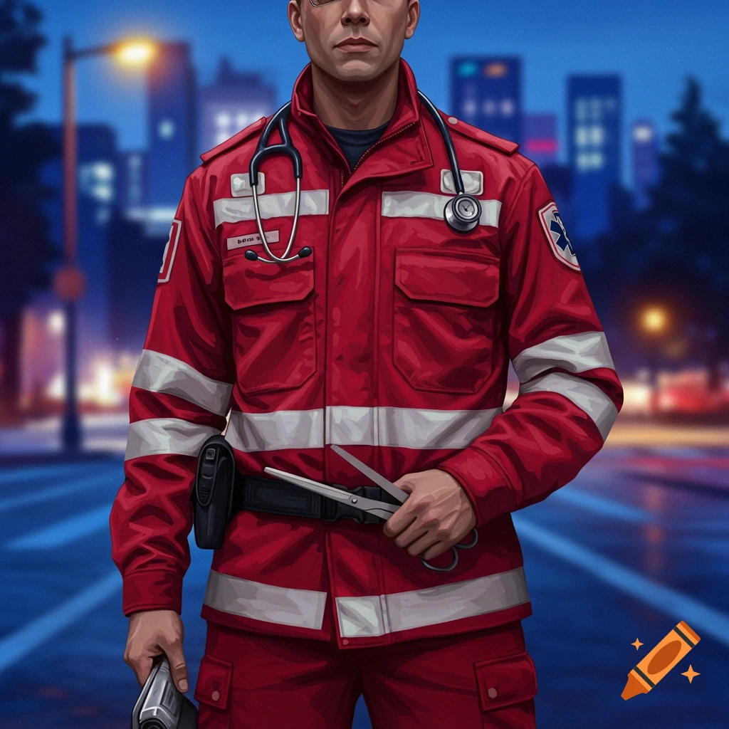 Digital art of a paramedic in a red uniform with a stethoscope, holding medical scissors, standing against a blurred night city background.