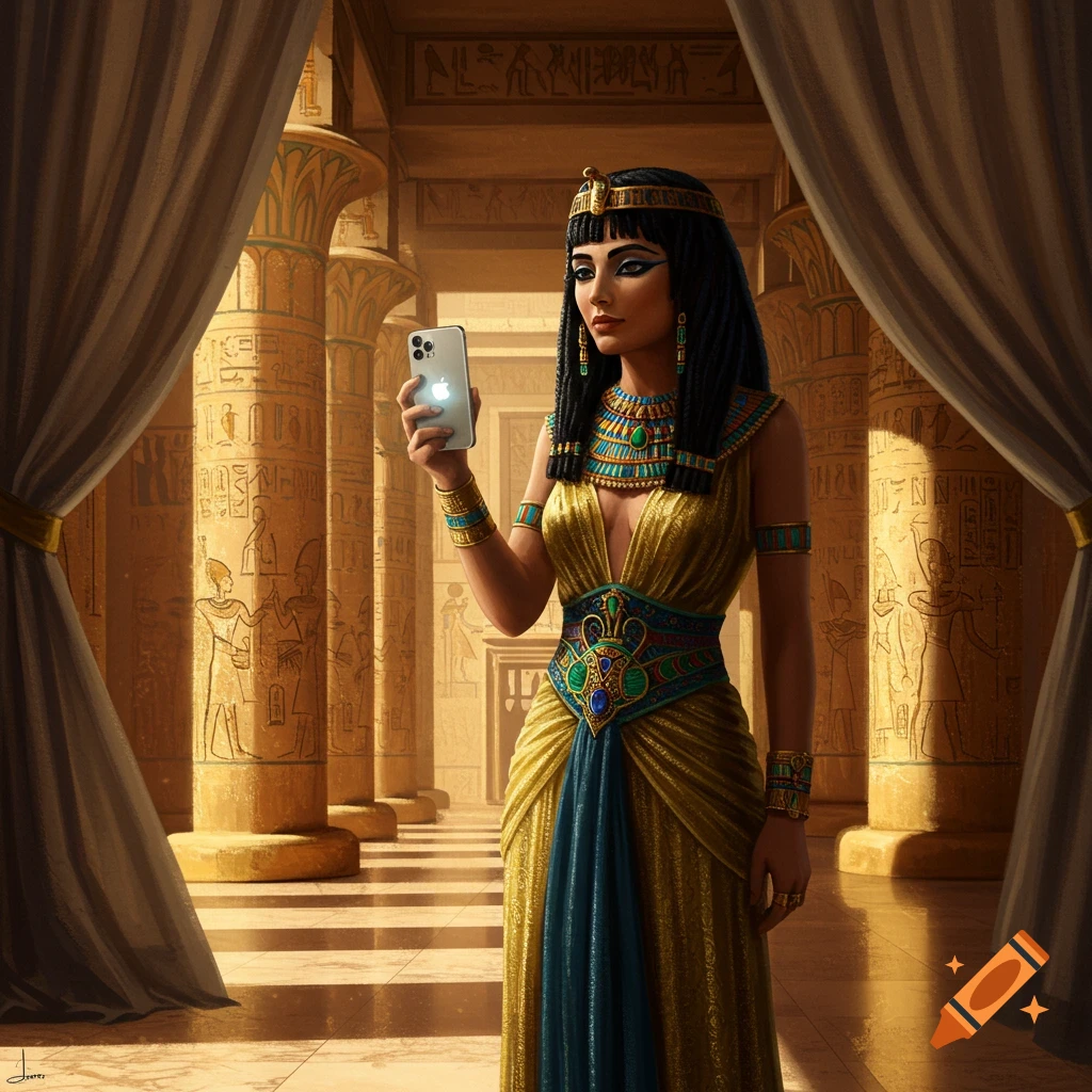 Cleopatra in a golden gown and ancient Egyptian jewelry holds a modern iPhone in a grand, sunlit Egyptian temple.