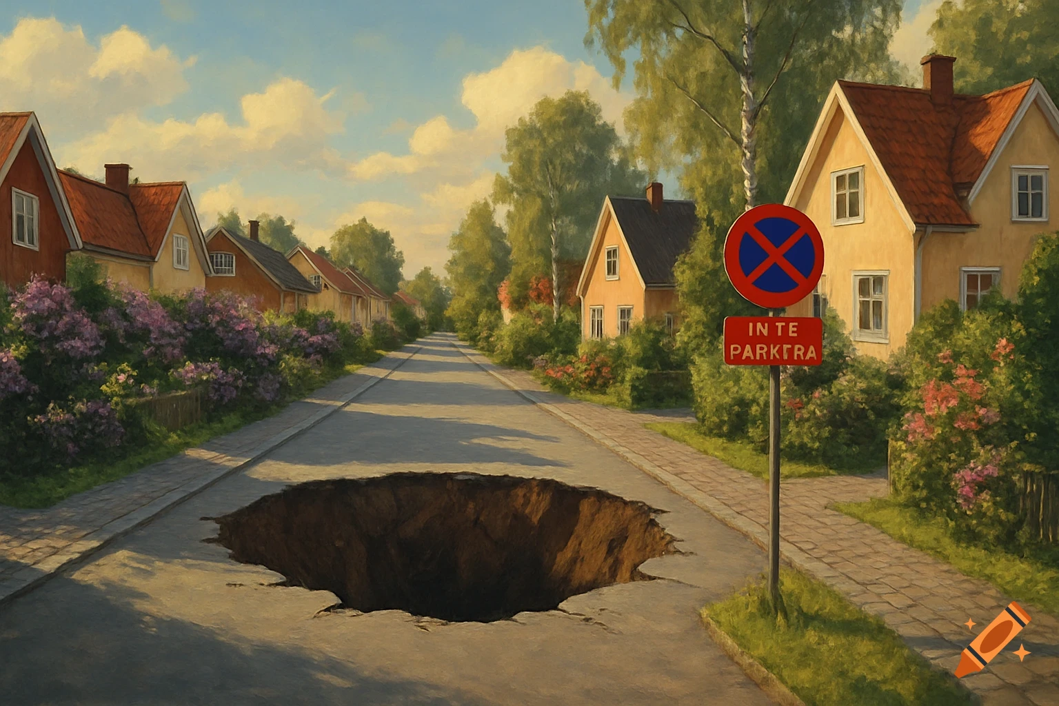 A street in a Swedish residential area with colorful houses, lush trees, and a large sinkhole in the middle of the road, with a no parking sign on the right, in a painterly style.
