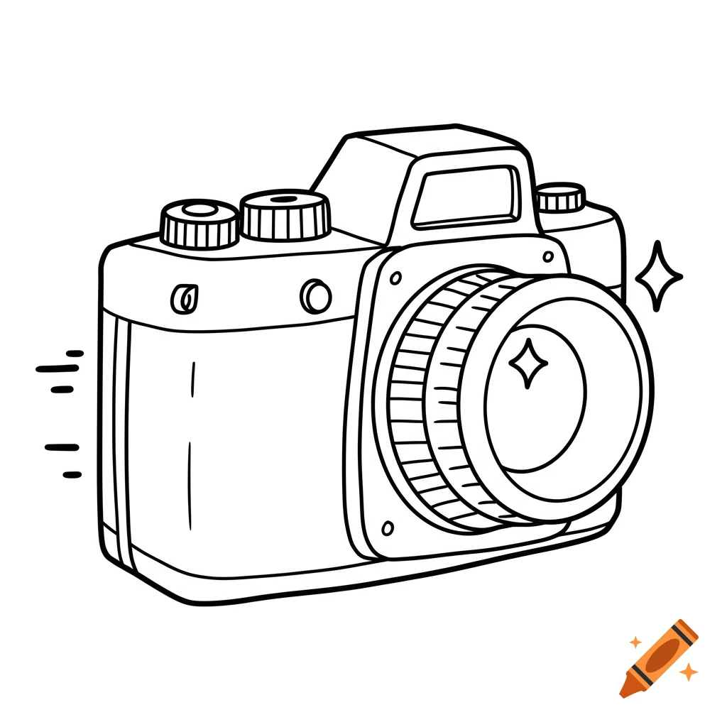 A black and white line art drawing of a vintage camera with a prominent lens and top dials.