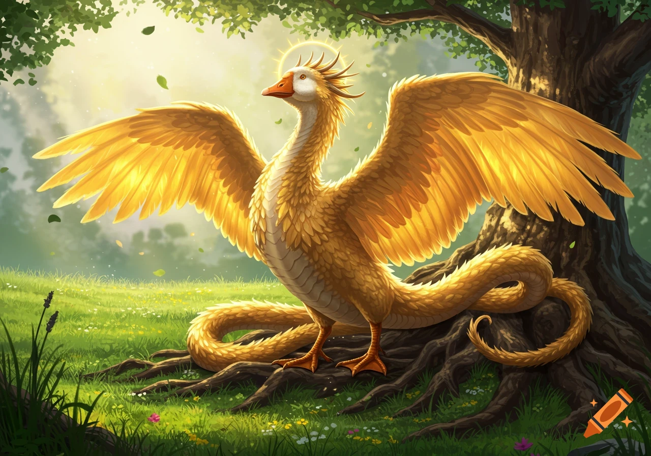 A golden goose-dragon with large wings and a halo stands in a sunlit forest clearing next to a tree, digital painting.