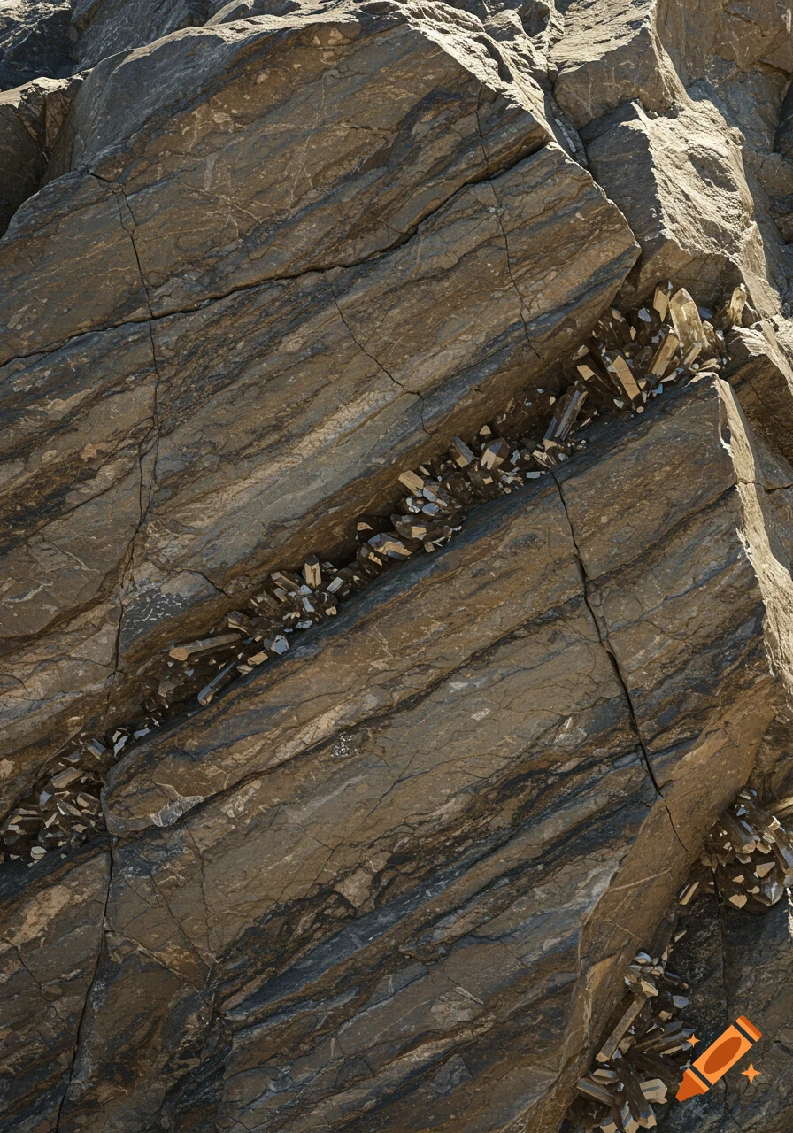 Close-up of a dark, textured rock face with visible faults and layers, featuring clusters of shiny mineral crystals.