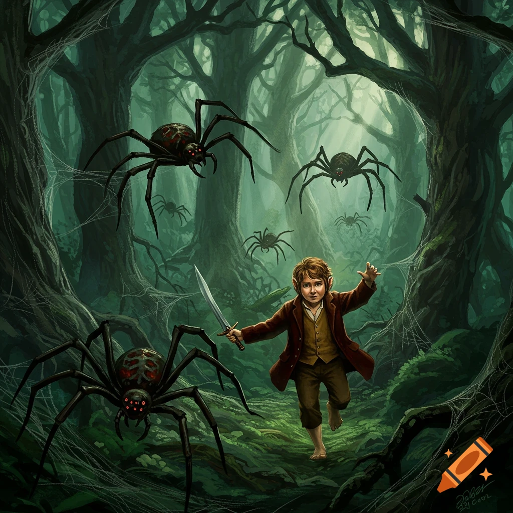 A hobbit-like figure with a sword runs through a dark forest, surrounded by large, menacing spiders in a fantasy illustration.