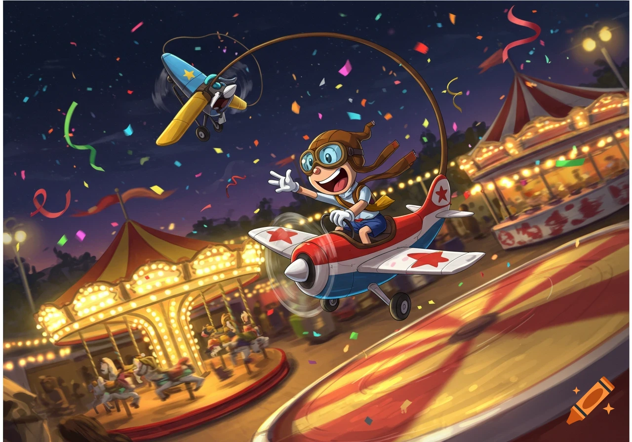 A cheerful cartoon character in a pilot's helmet and goggles flies a red and white toy airplane through confetti above a carousel at a lively night carnival.