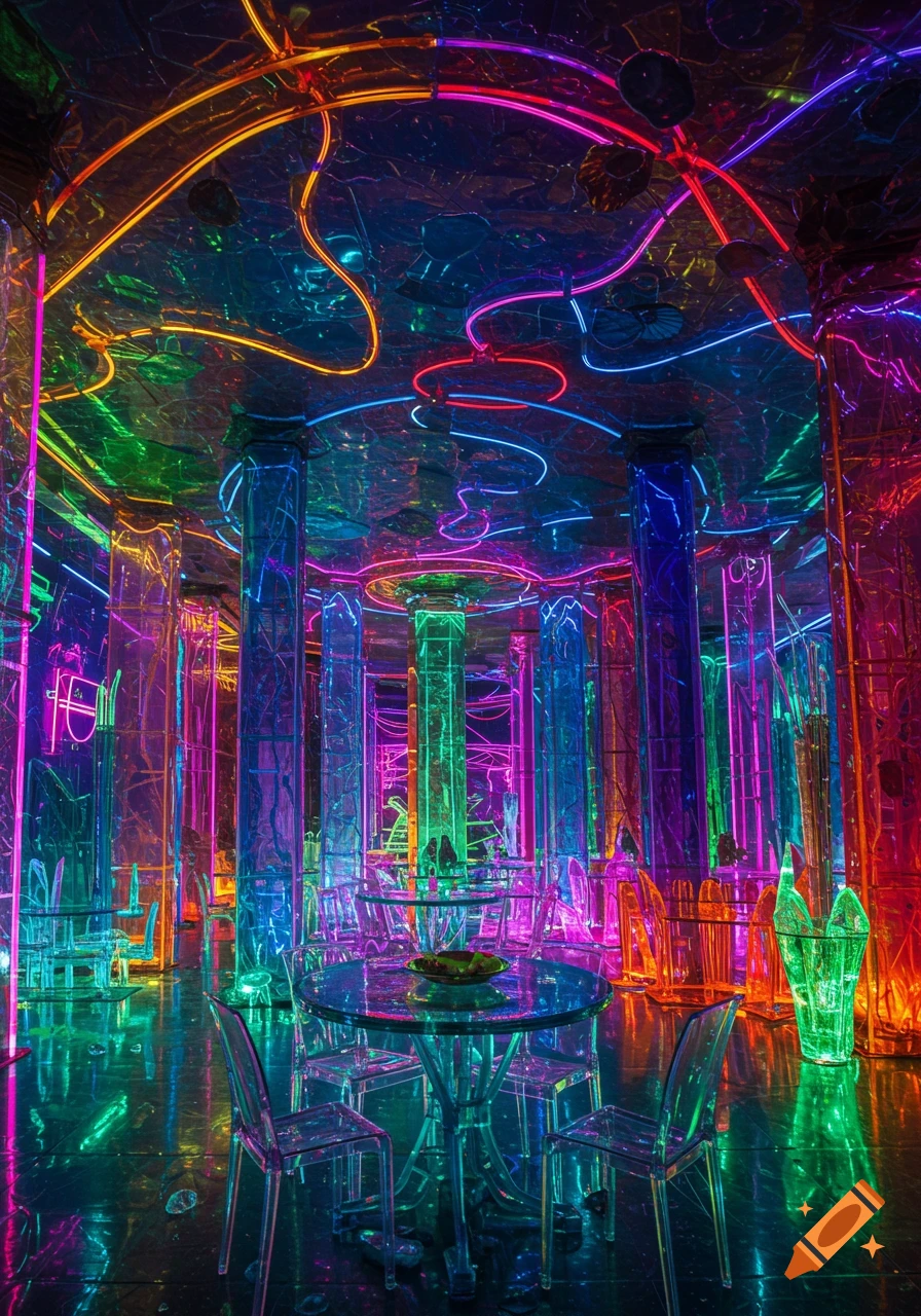 A vibrant futuristic nightclub interior filled with glowing neon lights and transparent glass tables and chairs, creating a kaleidoscopic reflection.
