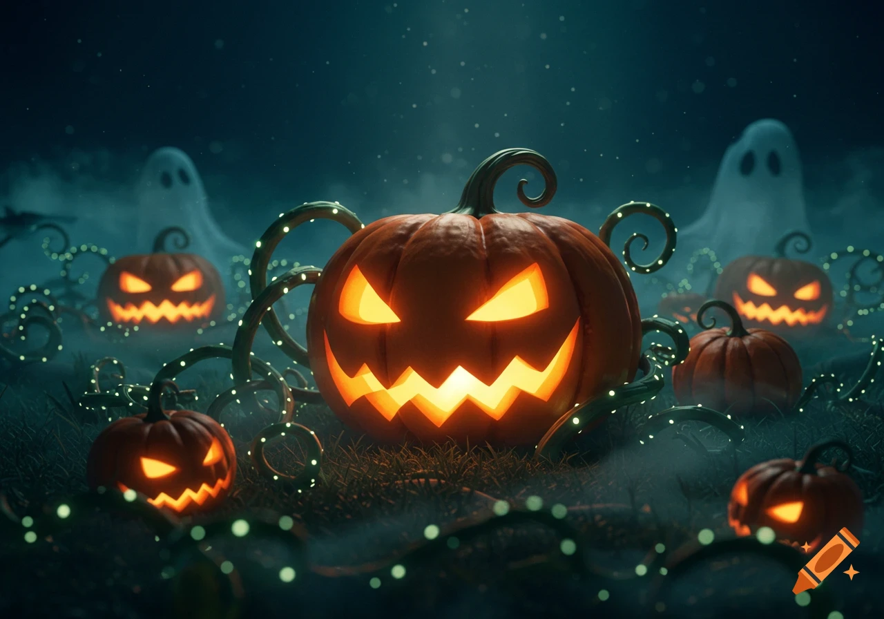 A close-up of a glowing jack-o'-lantern surrounded by smaller pumpkins, bioluminescent vines, and misty ghosts at night.
