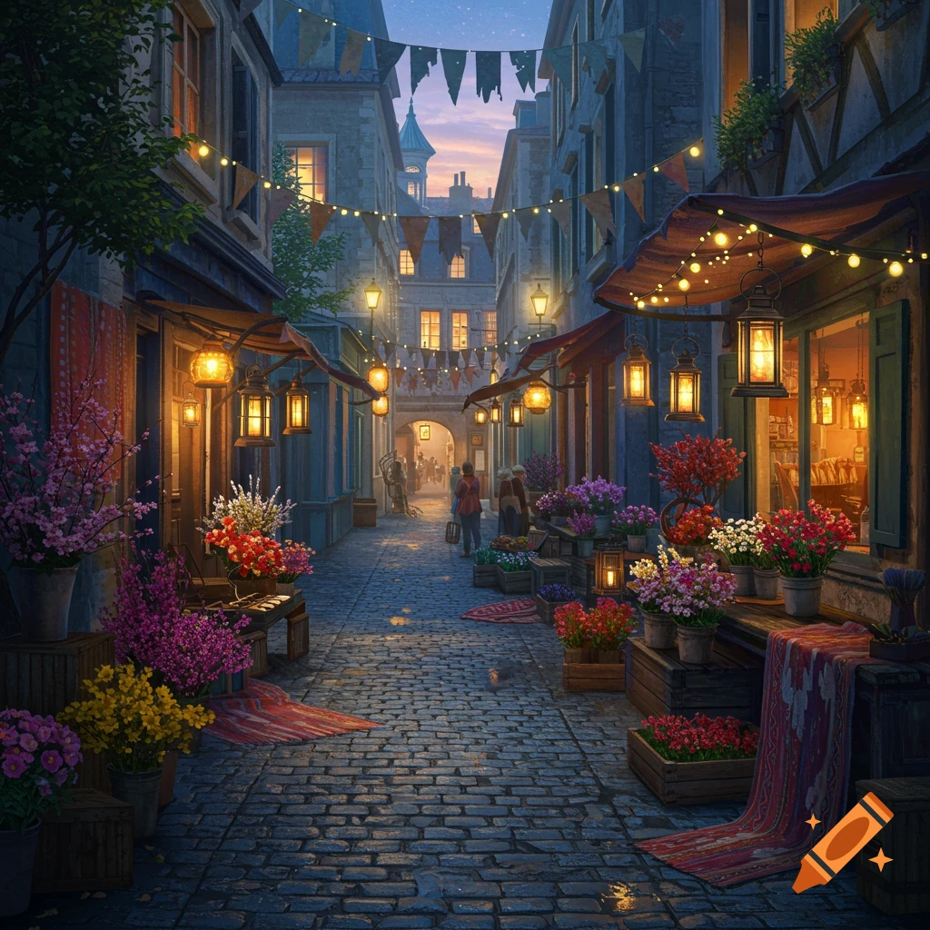 A charming cobblestone street at dusk, lined with flower stalls ...