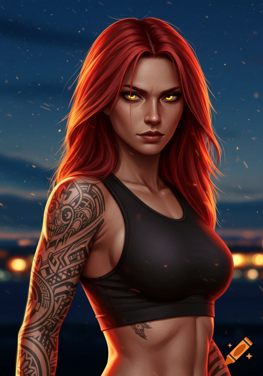 A strong woman with red hair, glowing yellow eyes, and intricate tribal tattoos, wearing a black sports bra in digital art.