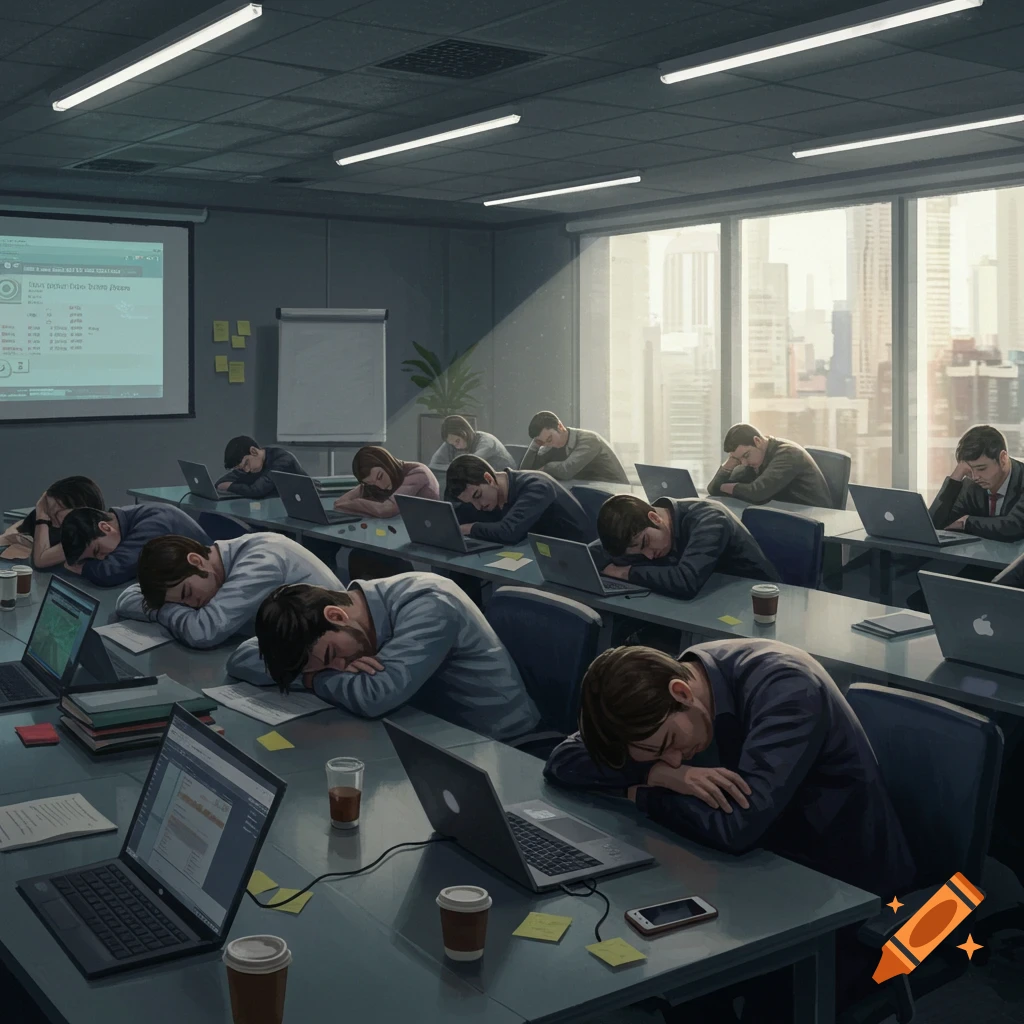 People are sleeping in front of their open laptops during a staff training or business meeting in a modern office.