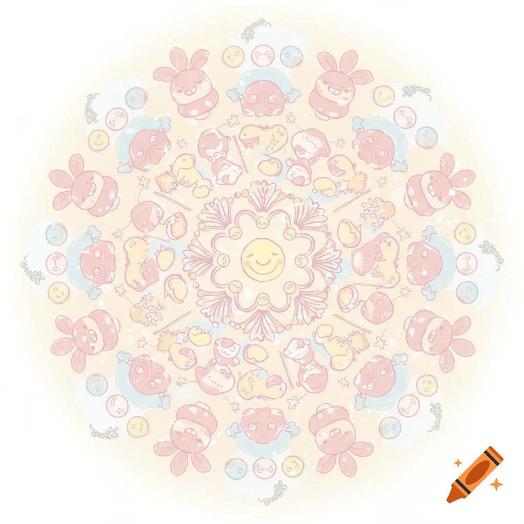 Pastel cartoon mandala with cute bunnies, squids, and smiling faces arranged symmetrically around a central smiling sun.