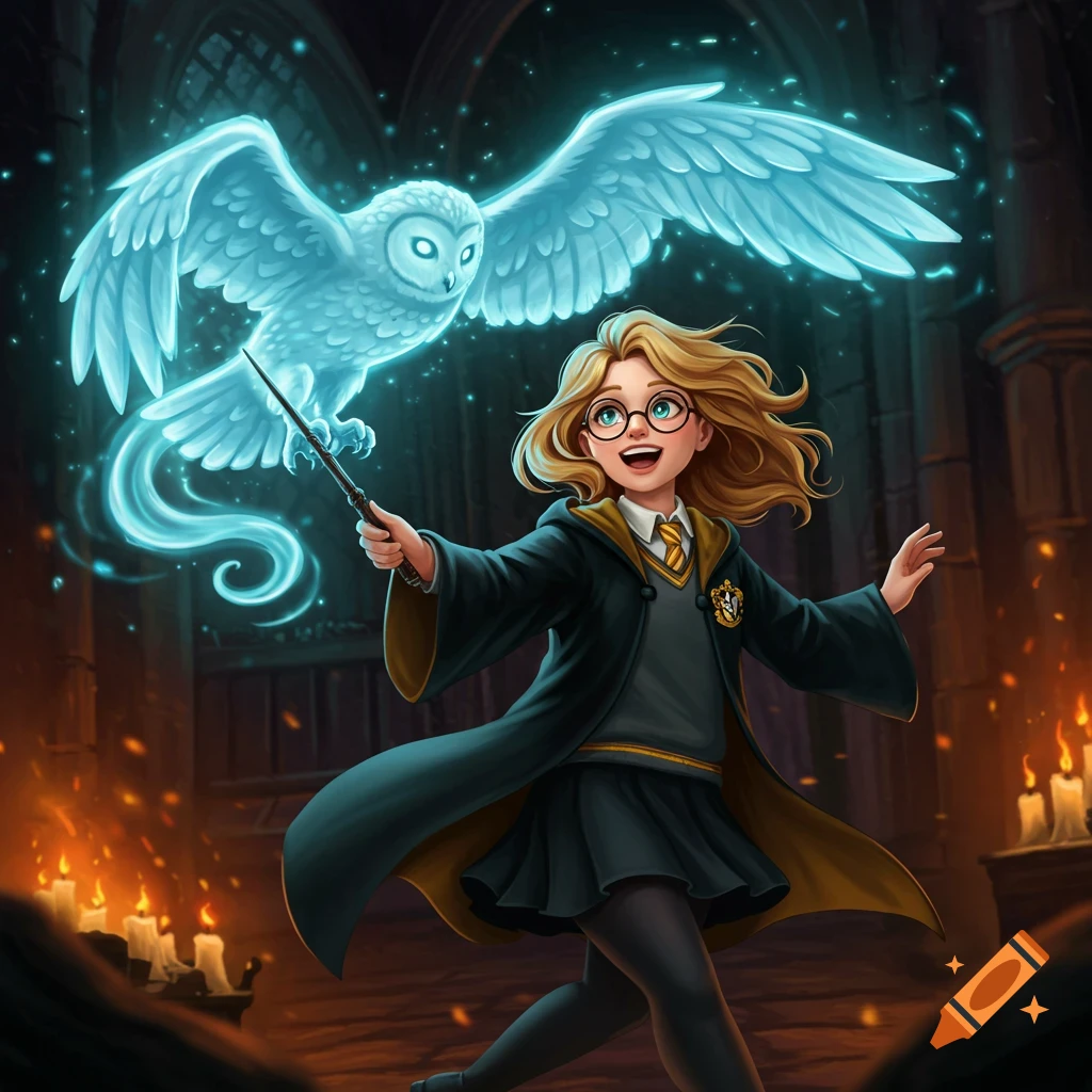 A happy blonde girl in Hufflepuff robes and glasses casts a spell, summoning a large, glowing blue owl patronus in a dark hall.