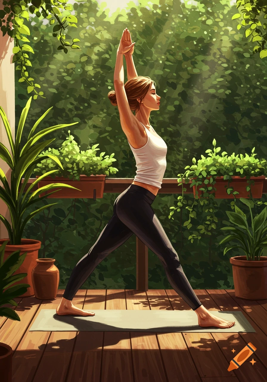 A woman in a white tank top and black yoga pants practices yoga on a sunlit wooden balcony surrounded by lush green plants.