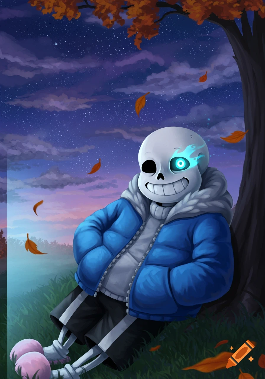 Sans, the skeleton character, leans against a tree at twilight with autumn leaves falling, in a digital art style.