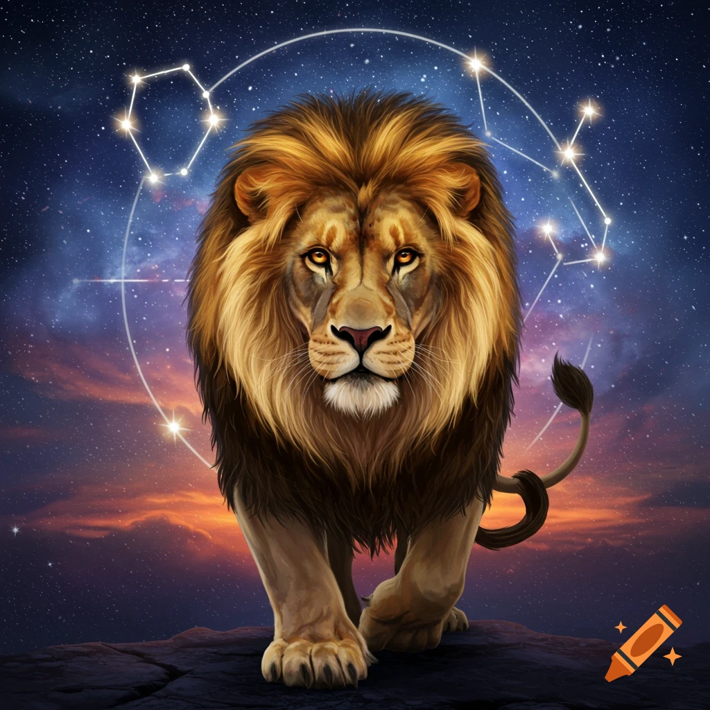 A majestic male lion with a golden mane stands on a rocky surface under a starry night sky with the Leo constellation.