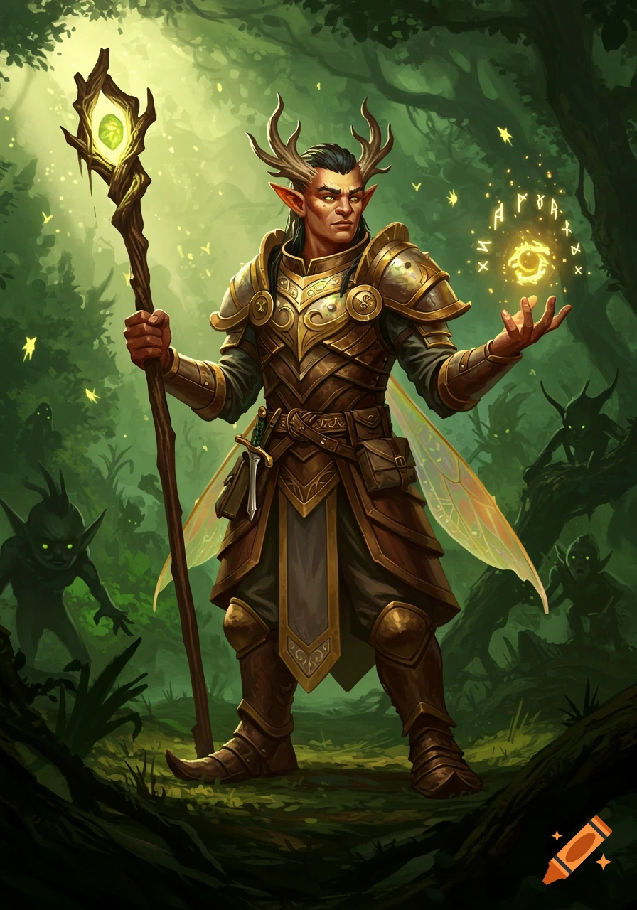 A fantasy druid with antlers and fairy wings, in golden armor, holds a glowing staff and casts a spell in a mystical forest.
