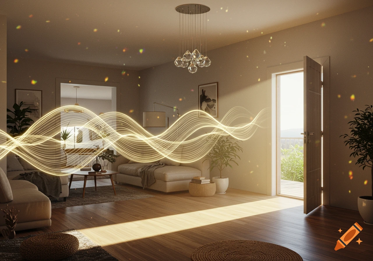 Photorealistic modern living room with sunlight from an open door, golden wavy light lines, and a crystal chandelier.