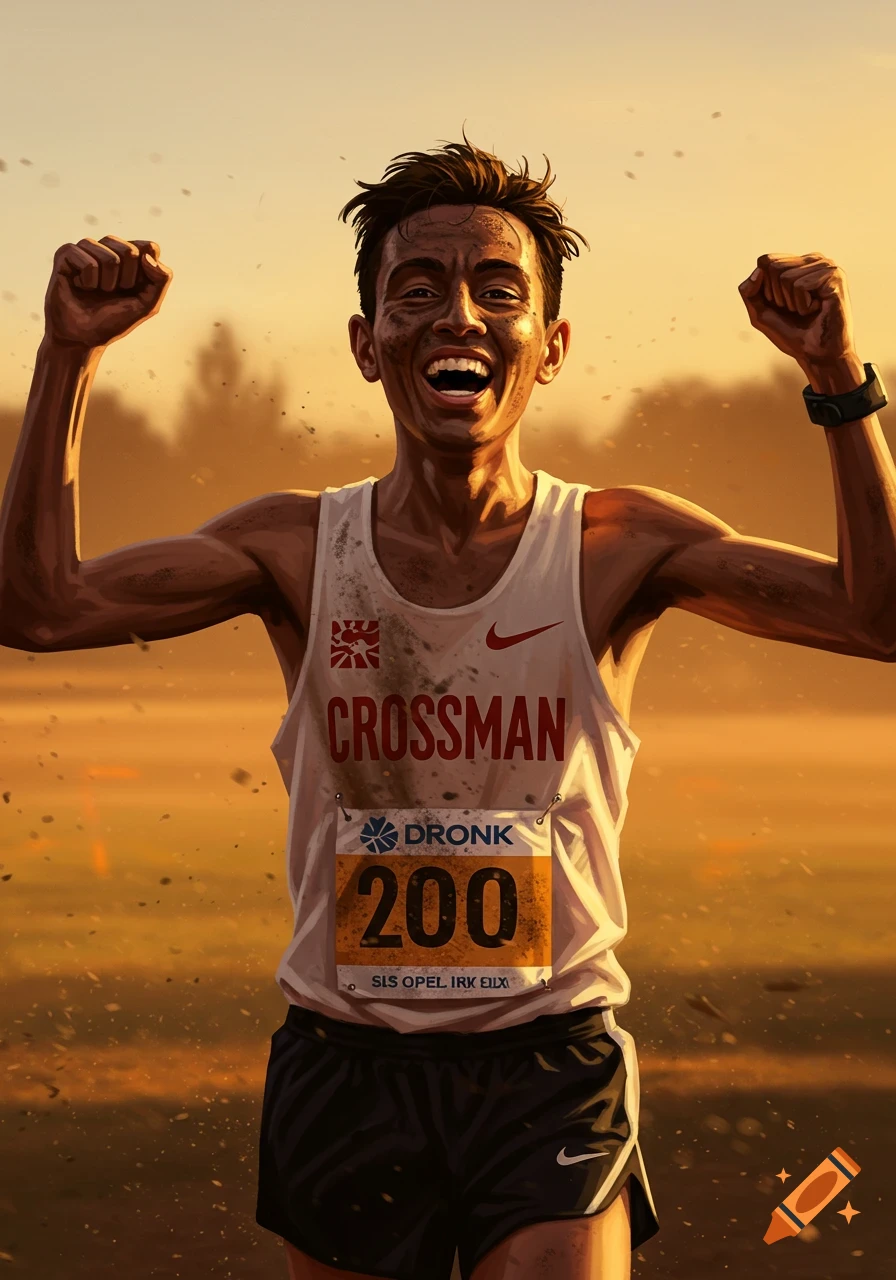 Digital art of a male runner, covered in dirt, celebrating with raised fists and a big smile in a golden outdoor setting.