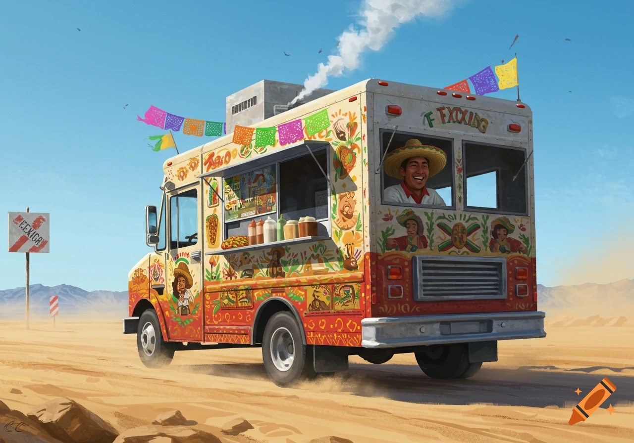 A brightly decorated taco truck drives through a desert landscape with a smiling Mexican man in a sombrero looking out the back window, in a cartoon style.