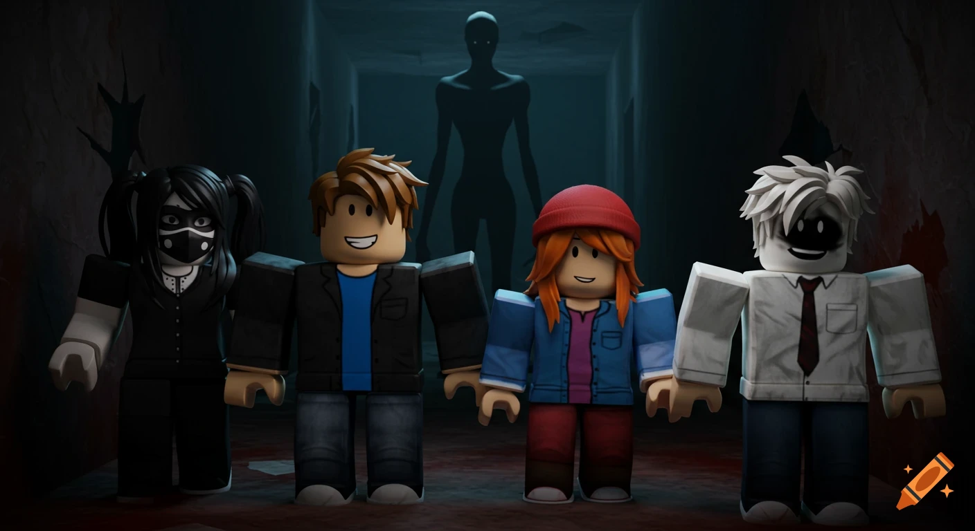 Four Roblox-style characters stand in a dimly lit, dilapidated corridor, facing the viewer with a tall, slender monster silhouette in the background.