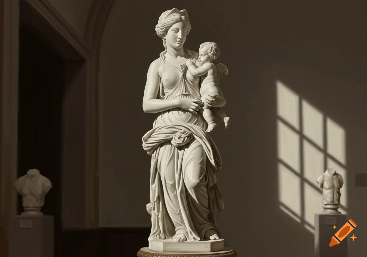A classical marble sculpture of a draped woman holding a baby, bathed in sunlight from a window, in a museum setting.
