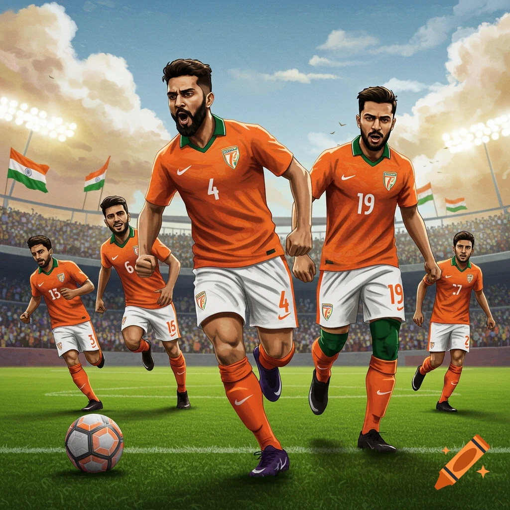 Illustrated Indian football players in orange and white uniforms running on a stadium field with flags and a crowd.