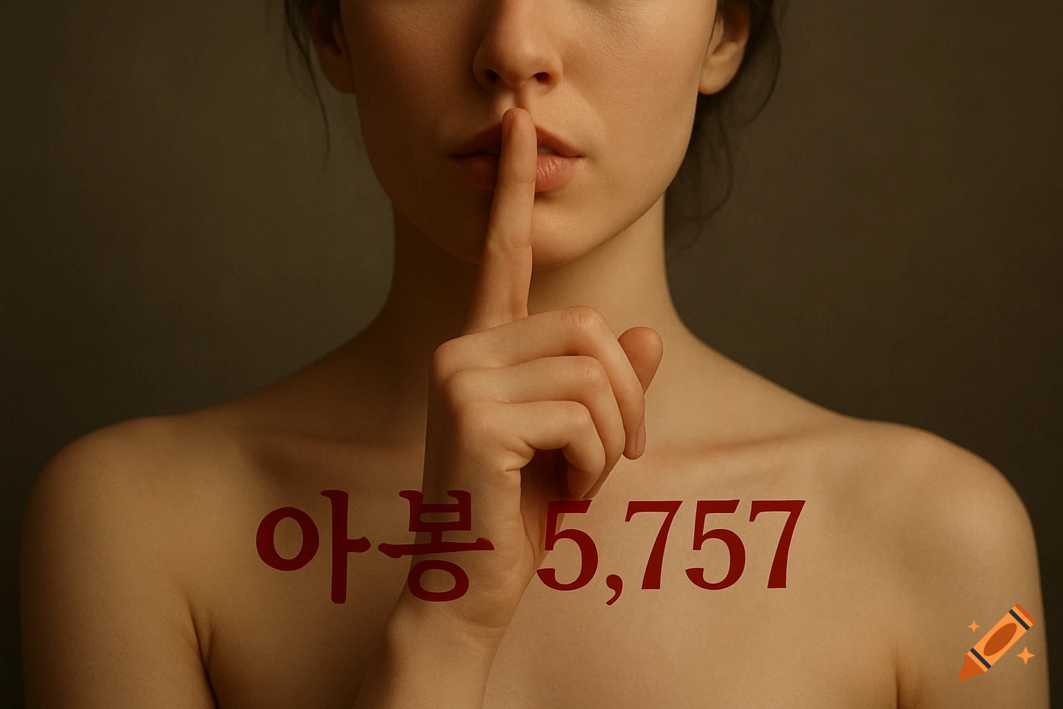Close-up of a woman making a "shh" gesture with her finger on her lips, red text "아봉 5,757" on her chest, photorealistic style.