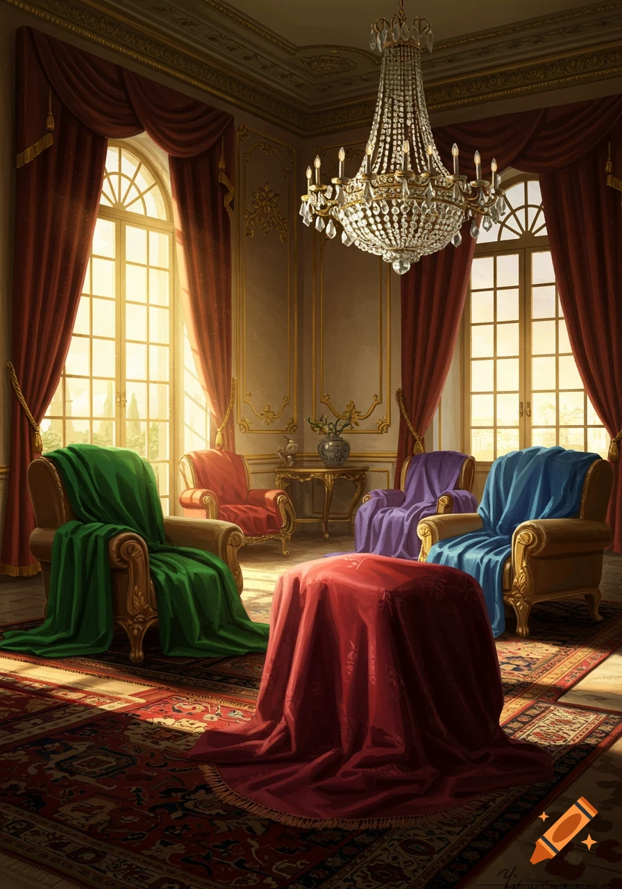 A lavish palace room with ornate armchairs covered in green, red, purple, and blue blankets, a grand chandelier, and tall windows.
