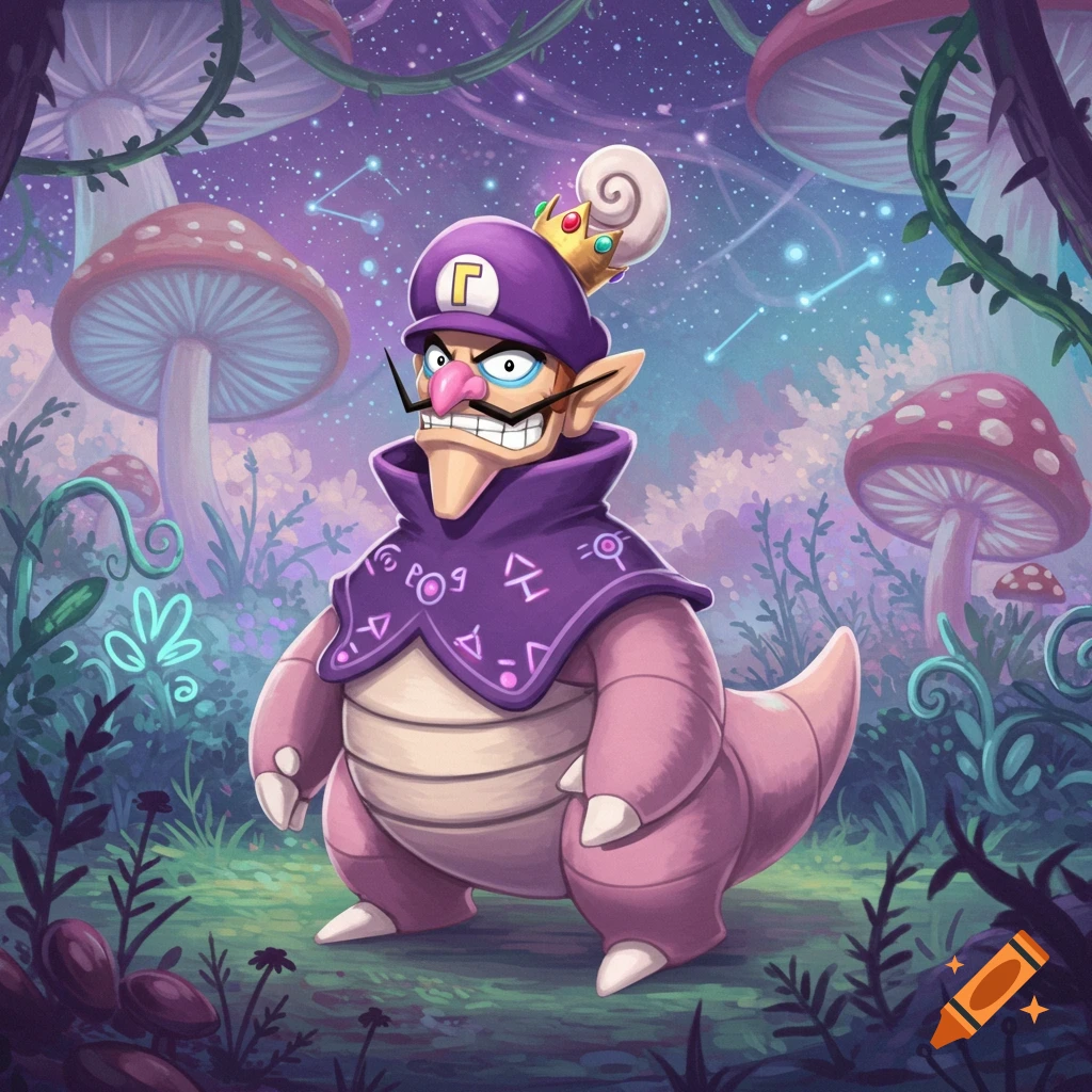 A cartoon Waluigi and Galarian Slowking fusion character in a mystical forest with glowing mushrooms under a starry sky.