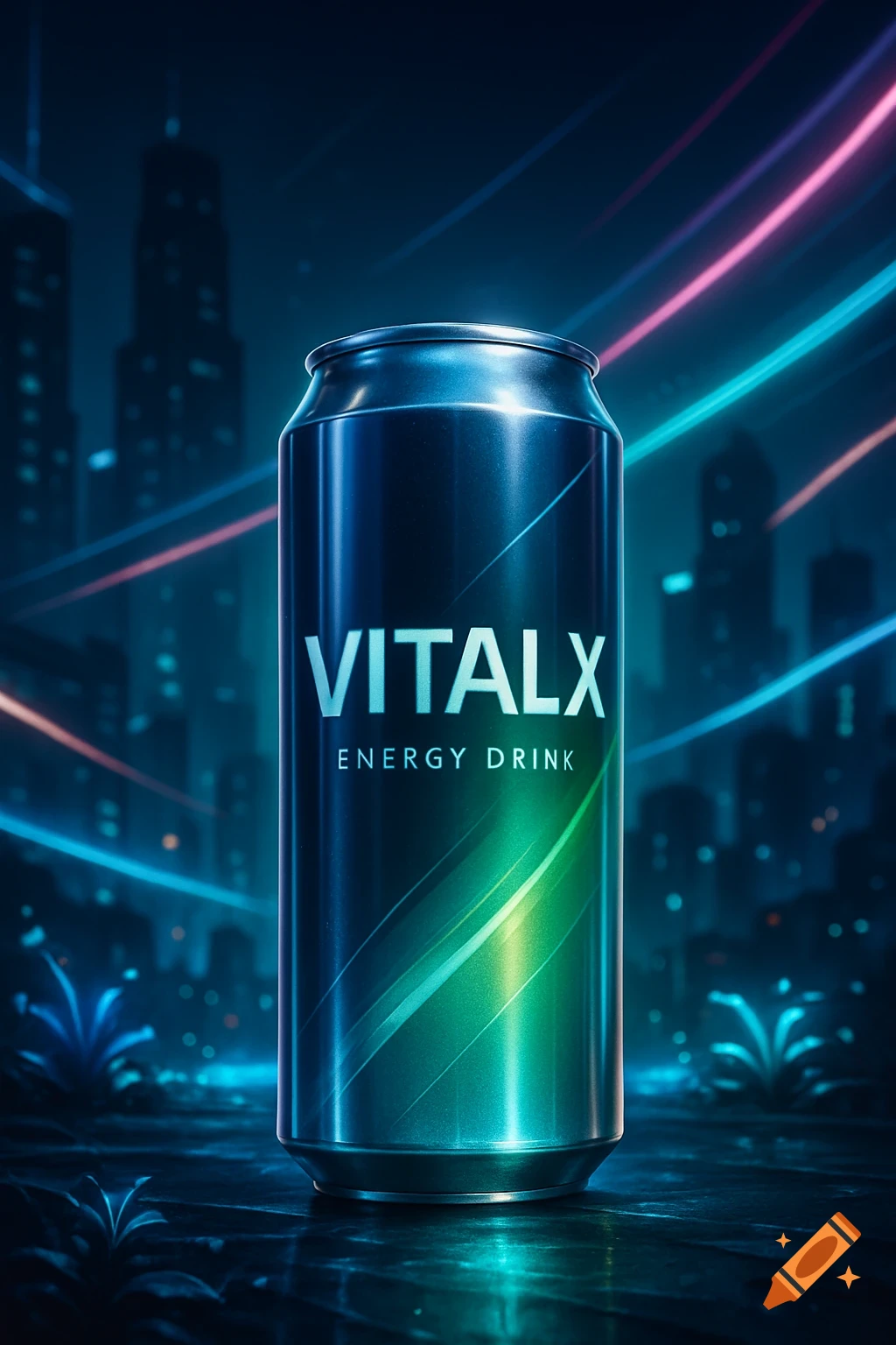 A vibrant, neon-lit energy drink can labeled VITALX ENERGY DRINK stands against a blurry, futuristic cityscape background.