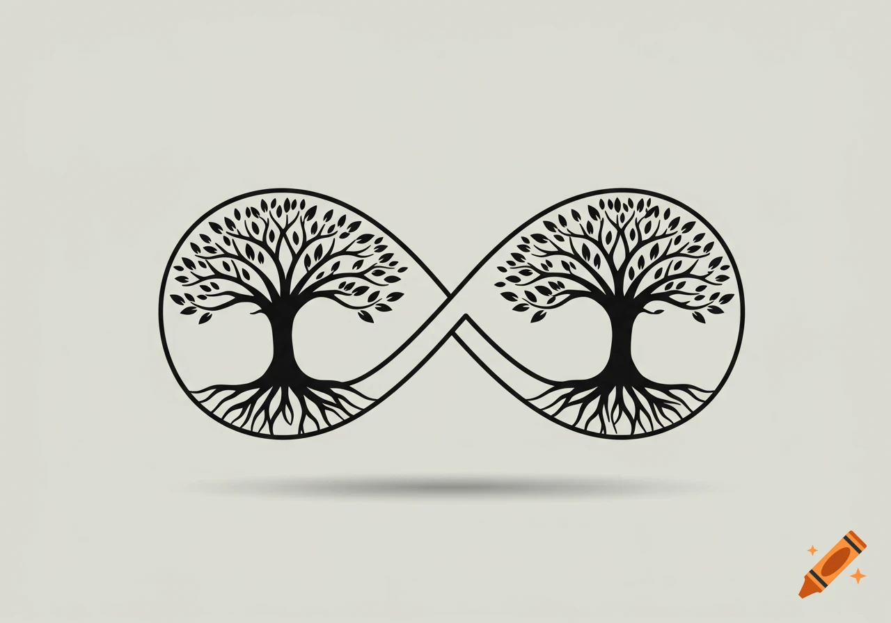 Minimalist graphic of an infinity symbol formed by two black trees of life with roots and leaves on a light background.