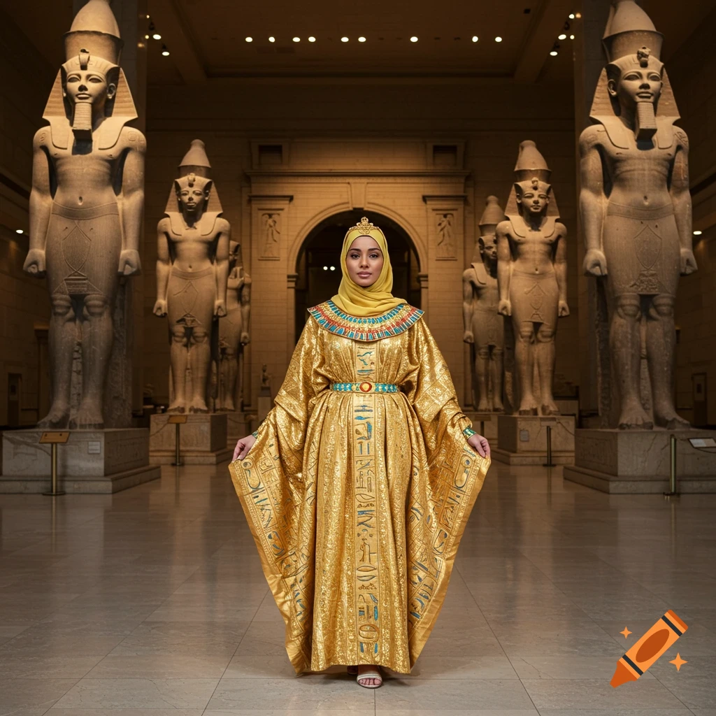A hijabi woman in a shimmering golden ancient Egyptian-style dress with colorful hieroglyphs stands in a museum hall among large pharaonic statues.