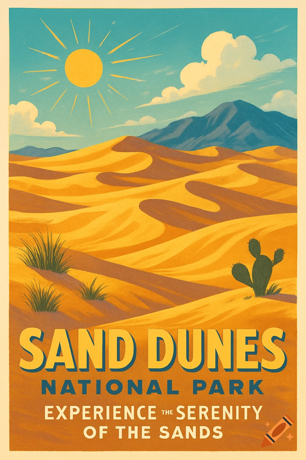 Retro travel poster with golden sand dunes, distant blue mountains, a bright yellow sun in a turquoise sky, and a cactus, with text "SAND DUNES NATIONAL PARK"