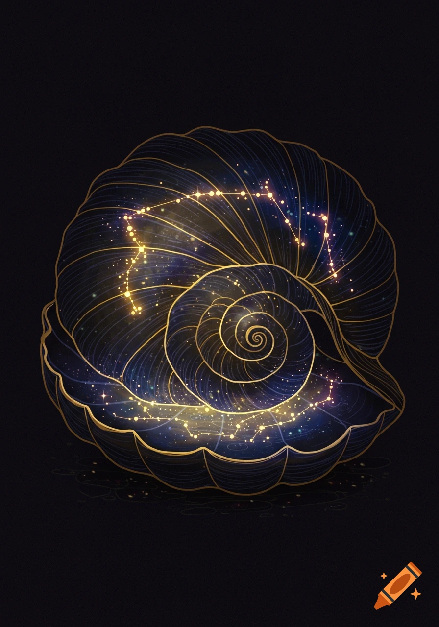 A stylized golden line art seashell filled with glowing blue and gold constellations on a dark background.