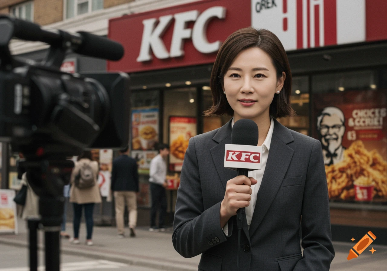 A photorealistic image of a female TV reporter holding a KFC microphone in front of a KFC restaurant.